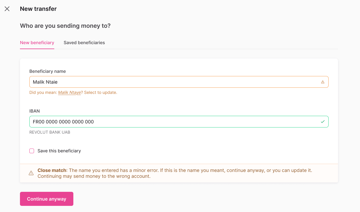 VoP Close match web banking screen