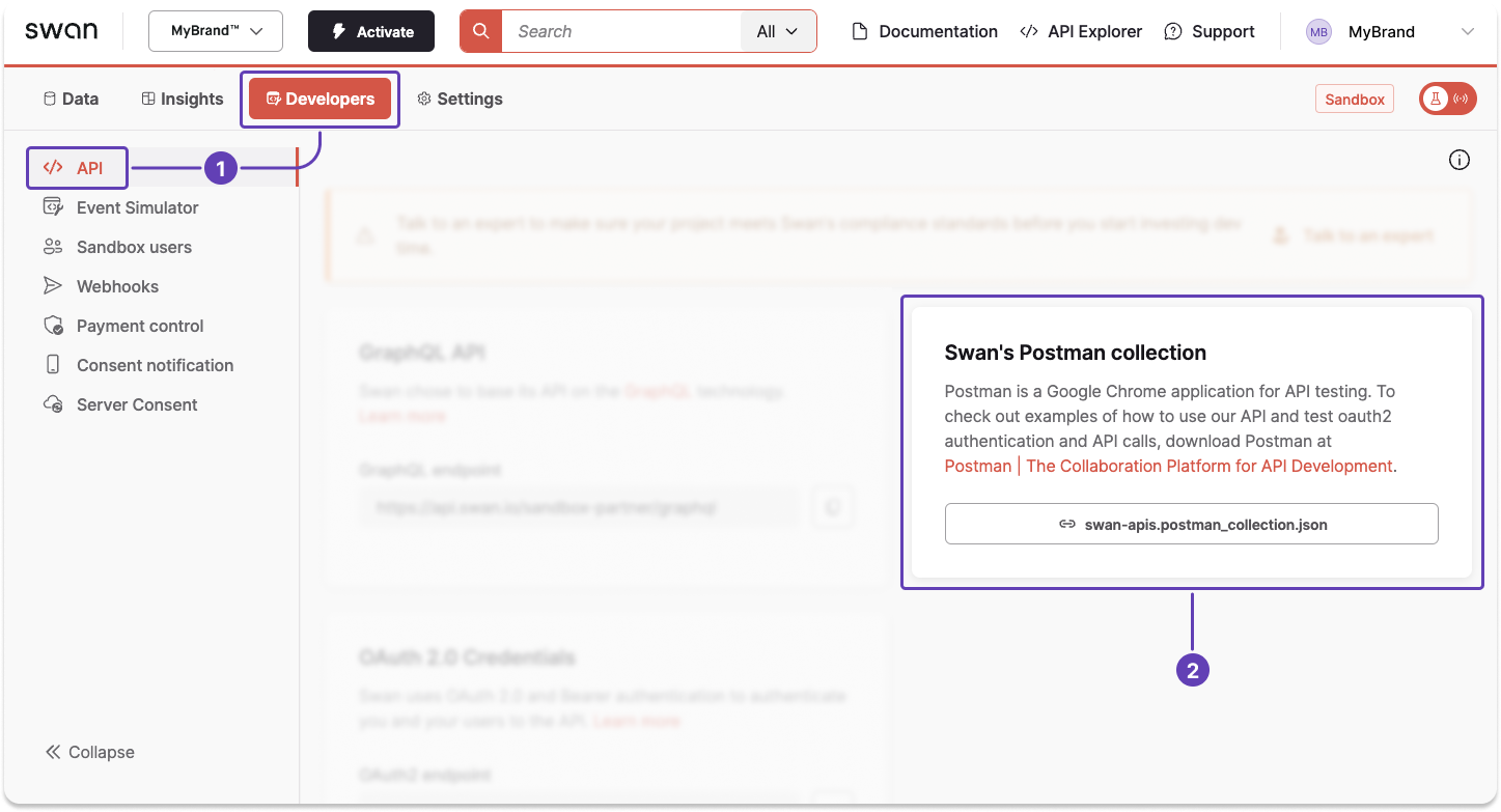 Image of Dashboard calling out where to download Swan's Postman collection
